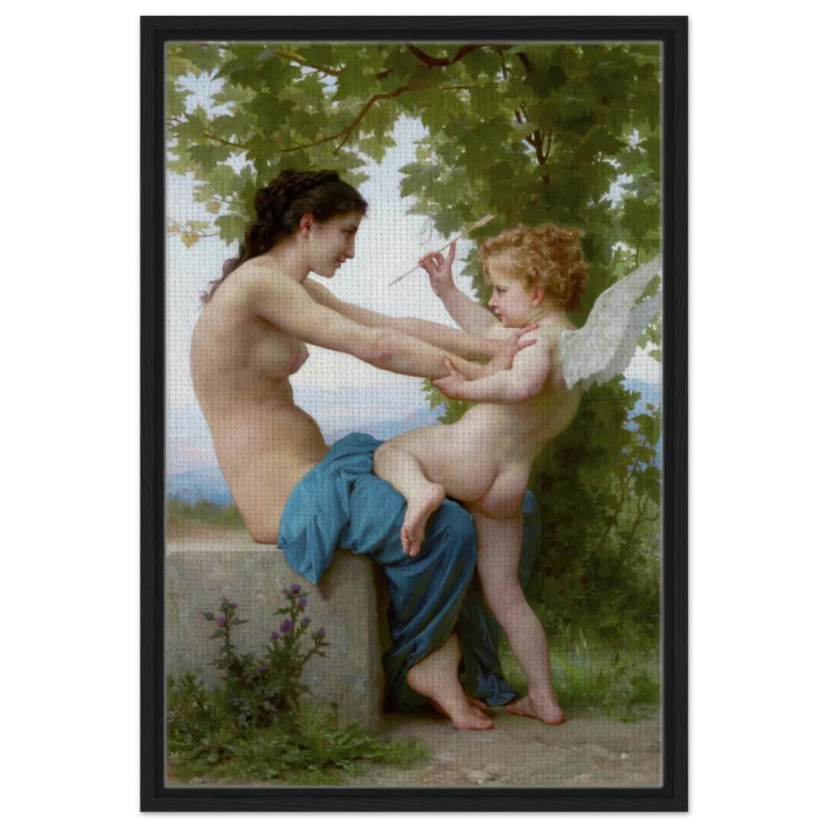 Young Girl Defending Herself against Eros (1825 - 1905) William - Adolphe Bouguereau | Vintage wall art print - Framed Canvas - 50x75 cm / 20x30″ - Black frame