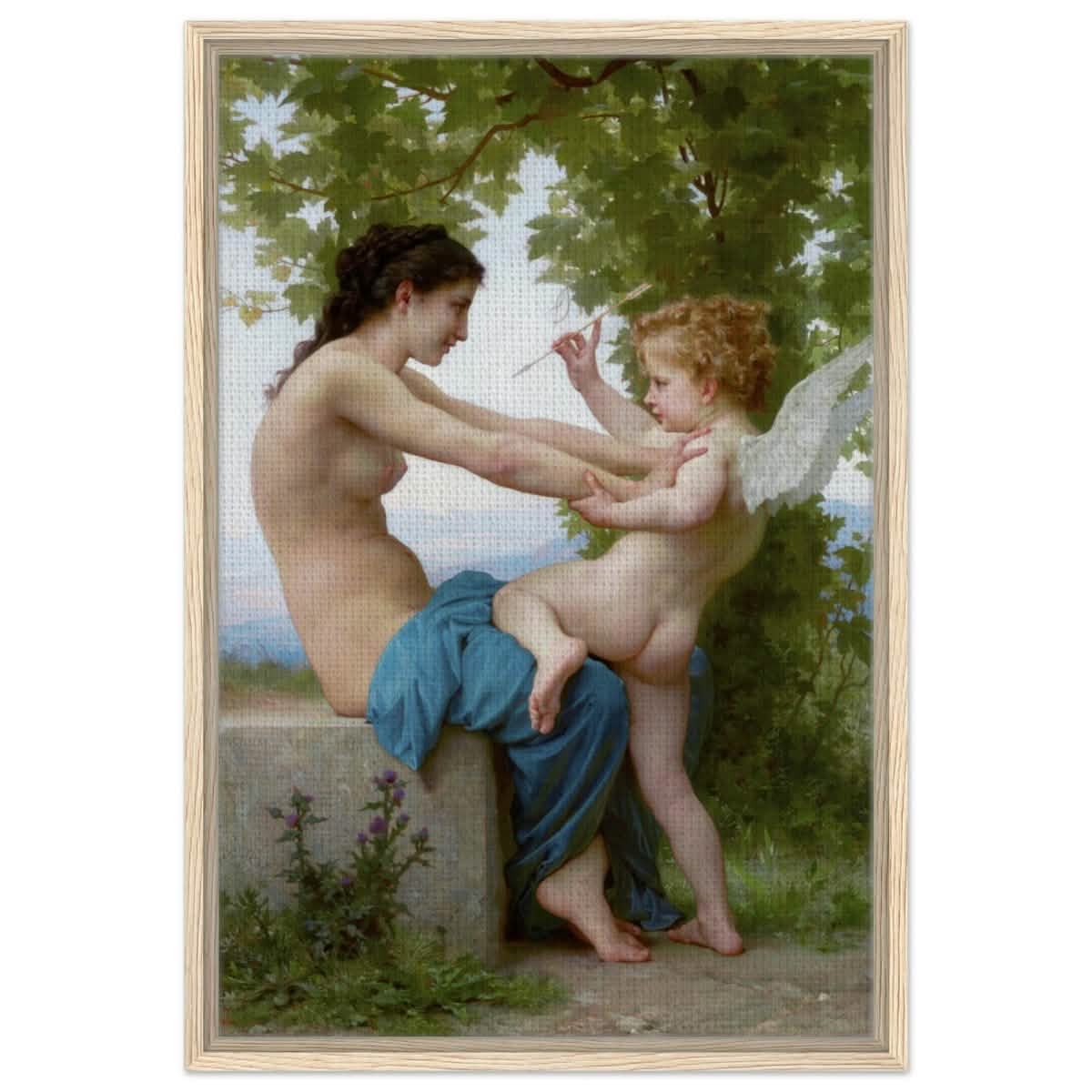 Young Girl Defending Herself against Eros (1825 - 1905) William - Adolphe Bouguereau | Vintage wall art print - Framed Canvas - 50x75 cm / 20x30″ - Wood frame