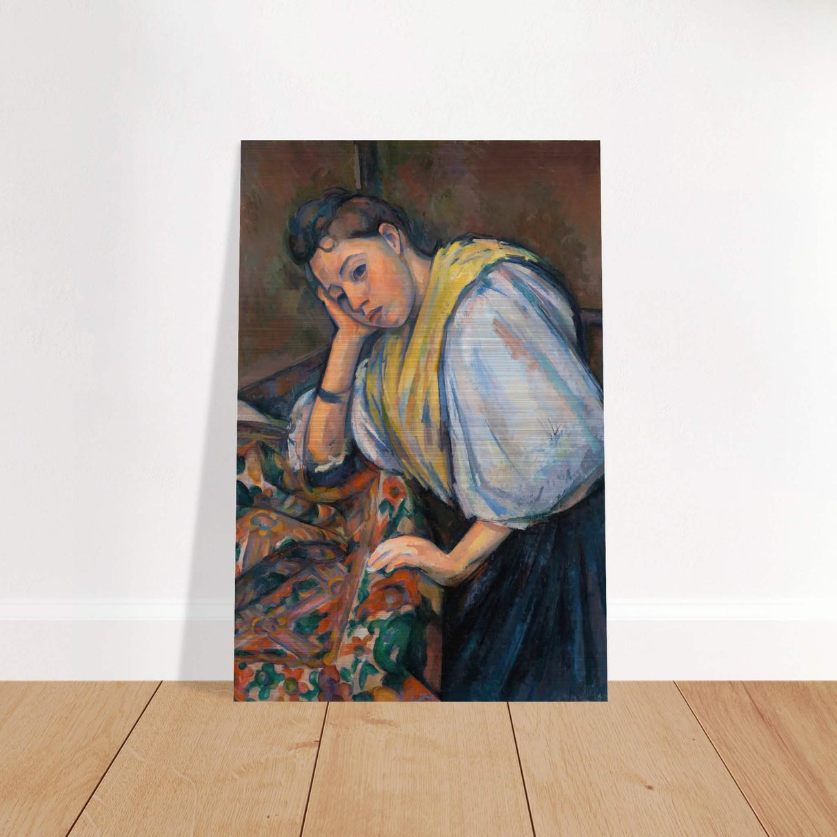 Young Italian Woman at a Table by Paul Cézanne 1895 - Brushed Aluminum Print - 40x60 cm / 16x24″ -