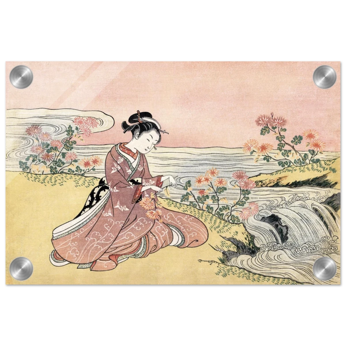Young Woman Gathering Chrysanthemums by the Stream– Japanese Ukiyo - e Wall Art Print - Acrylic Print - 20x30 cm / 8x12″ -
