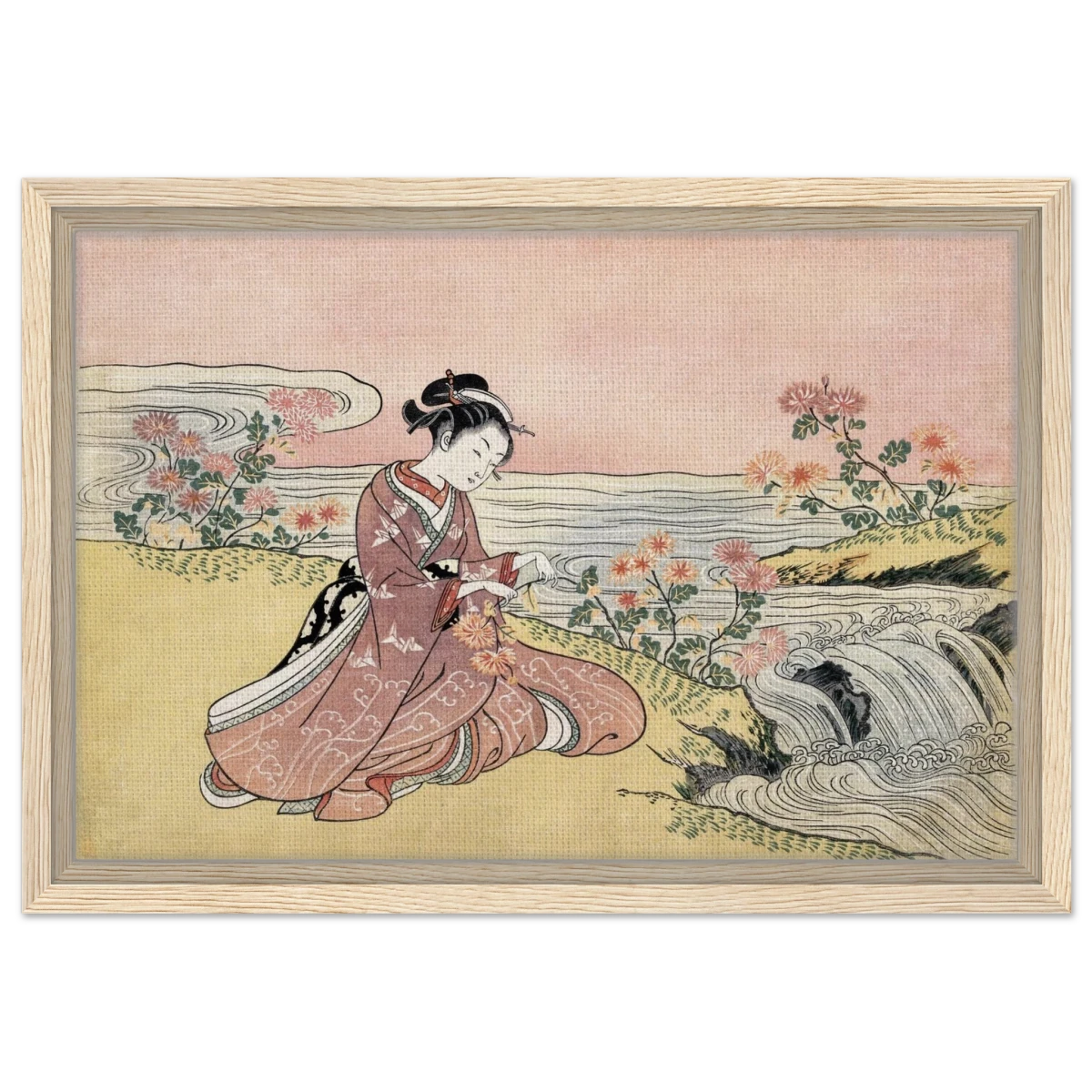 Young Woman Gathering Chrysanthemums by the Stream– Japanese Ukiyo - e Wall Art Print - Framed Canvas - 30x45 cm / 12x18″ - Wood frame