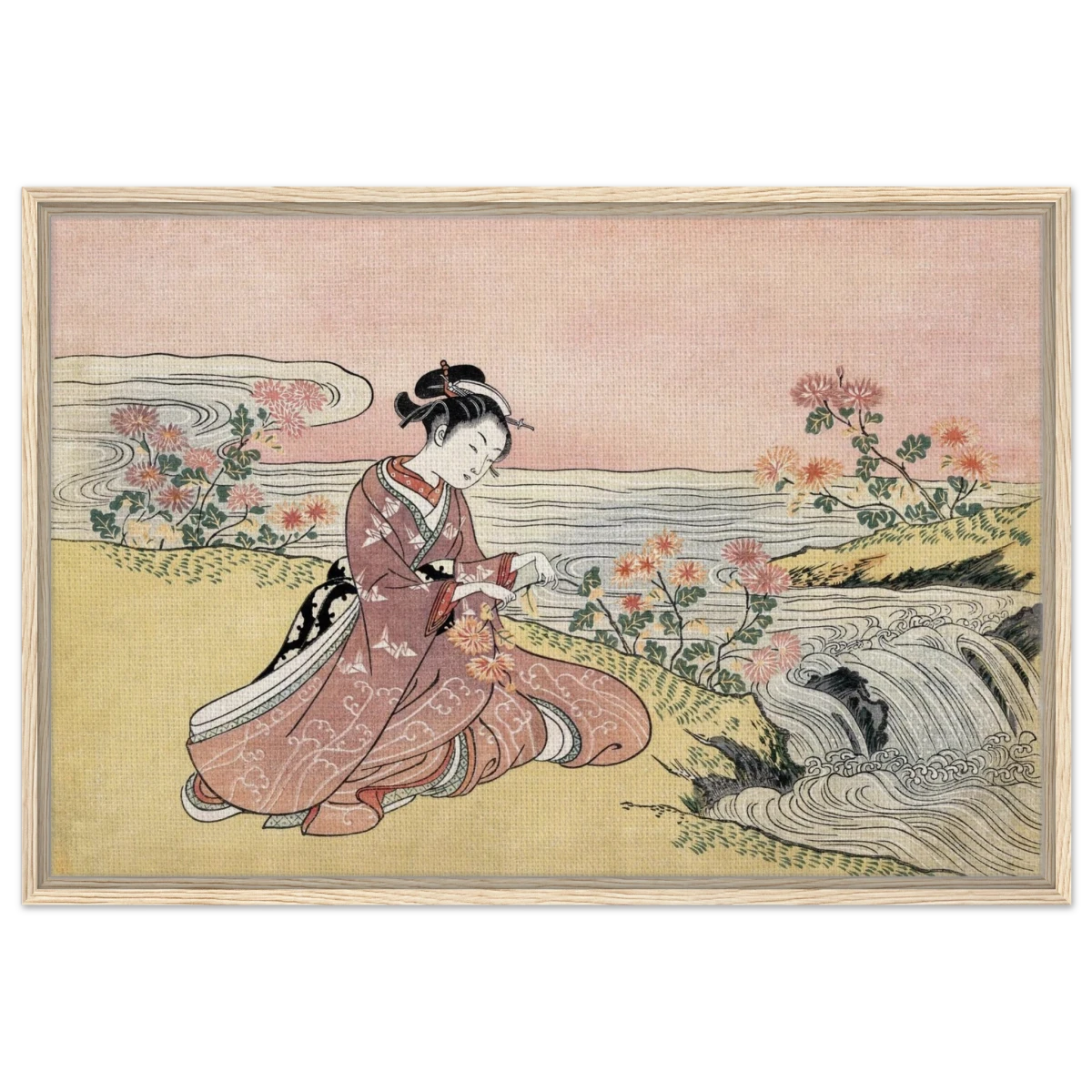 Young Woman Gathering Chrysanthemums by the Stream– Japanese Ukiyo - e Wall Art Print - Framed Canvas - 60x90 cm / 24x36″ - Wood frame