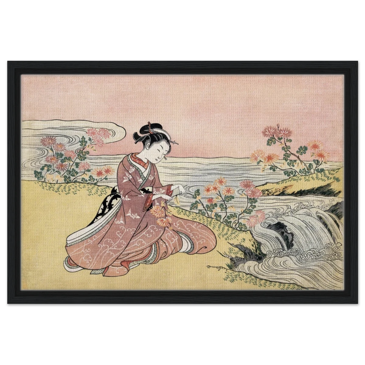 Young Woman Gathering Chrysanthemums by the Stream– Japanese Ukiyo - e Wall Art Print - Framed Canvas - 40x60 cm / 16x24″ - Black frame