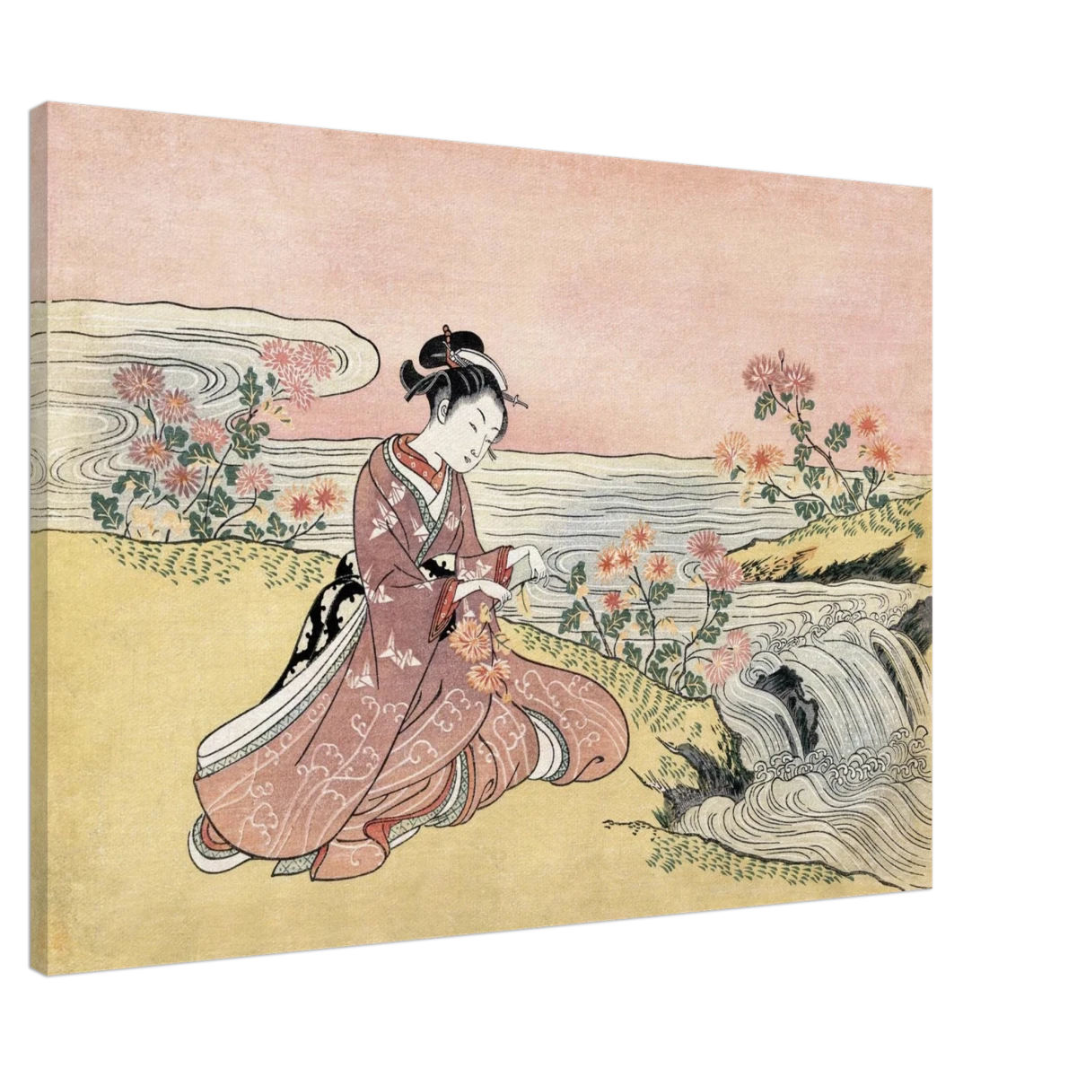 Young Woman Gathering Chrysanthemums by the Stream– Japanese Ukiyo - e Wall Art Print - Canvas - 70x100 cm / 28x40″ -
