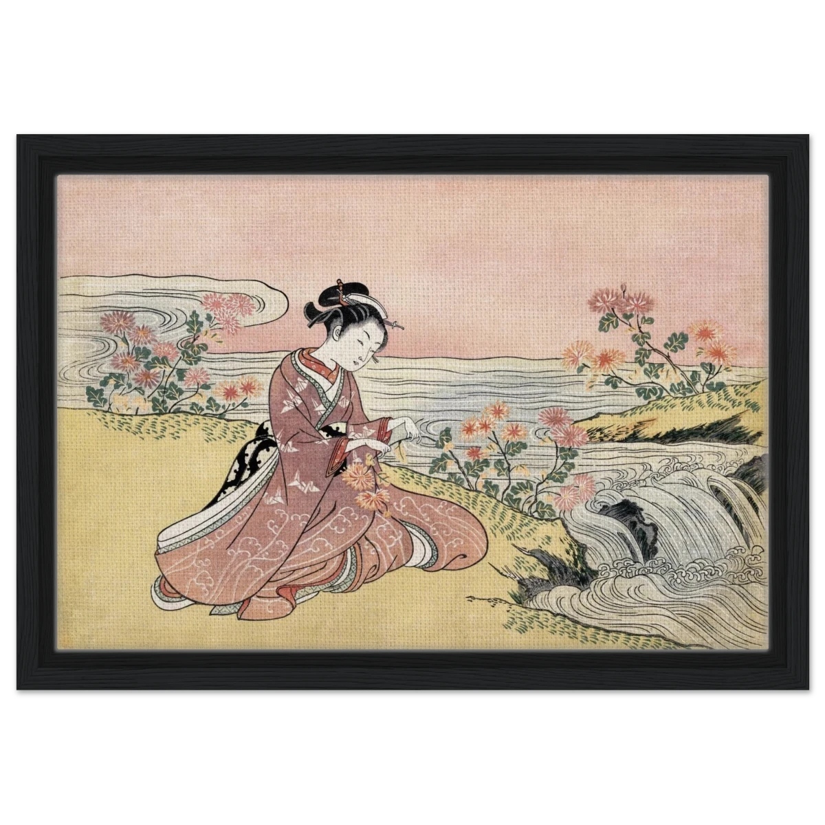 Young Woman Gathering Chrysanthemums by the Stream– Japanese Ukiyo - e Wall Art Print - Framed Canvas - 30x45 cm / 12x18″ - Black frame
