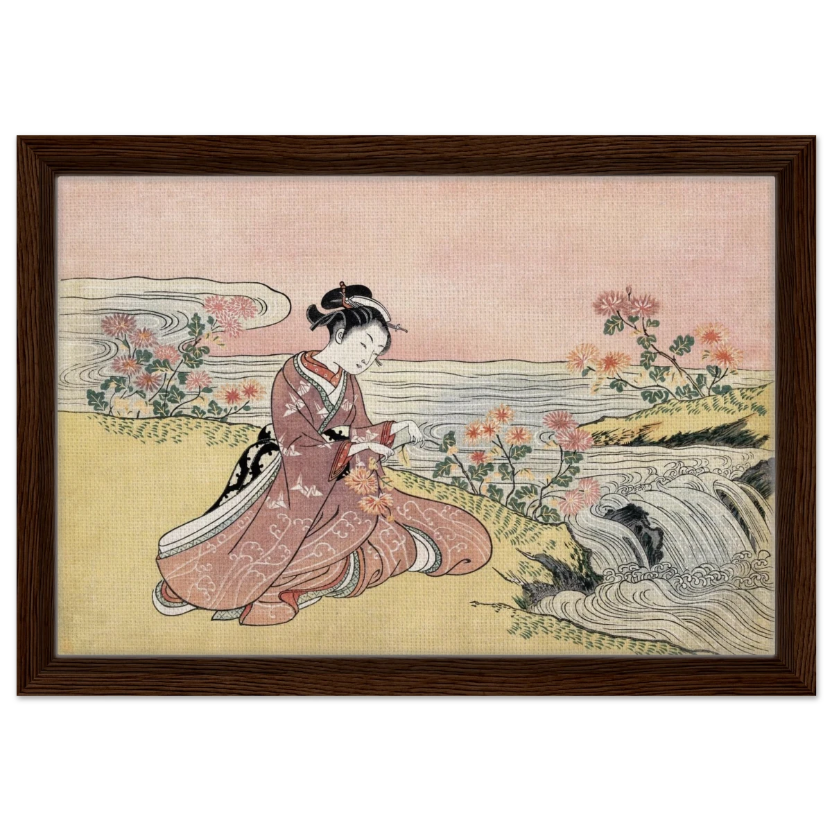 Young Woman Gathering Chrysanthemums by the Stream– Japanese Ukiyo - e Wall Art Print - Framed Canvas - 30x45 cm / 12x18″ - Dark wood frame