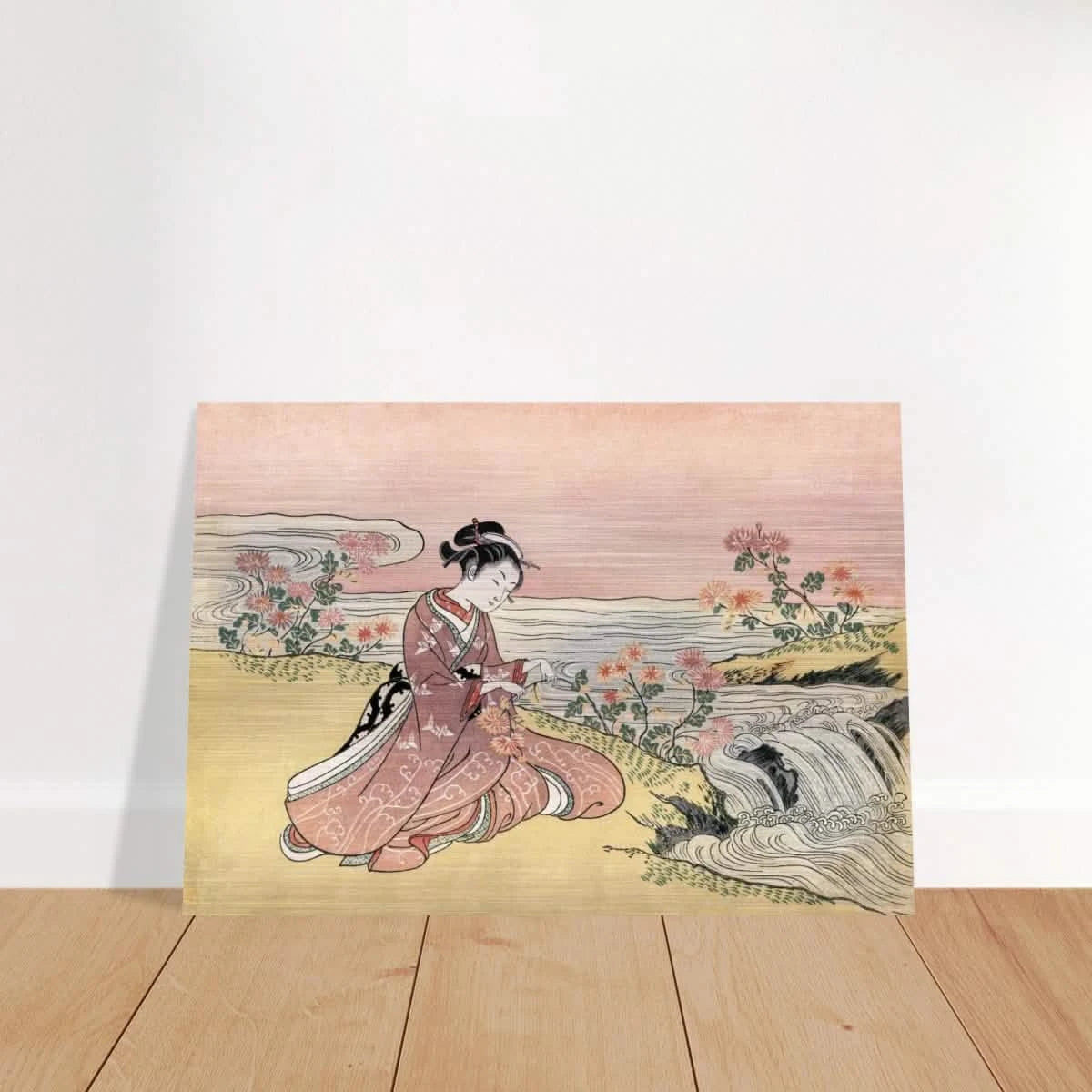 Young Woman Gathering Chrysanthemums by the Stream– Japanese Ukiyo - e Wall Art Print - Brushed Aluminum Print - 70x100 cm / 28x40″ -