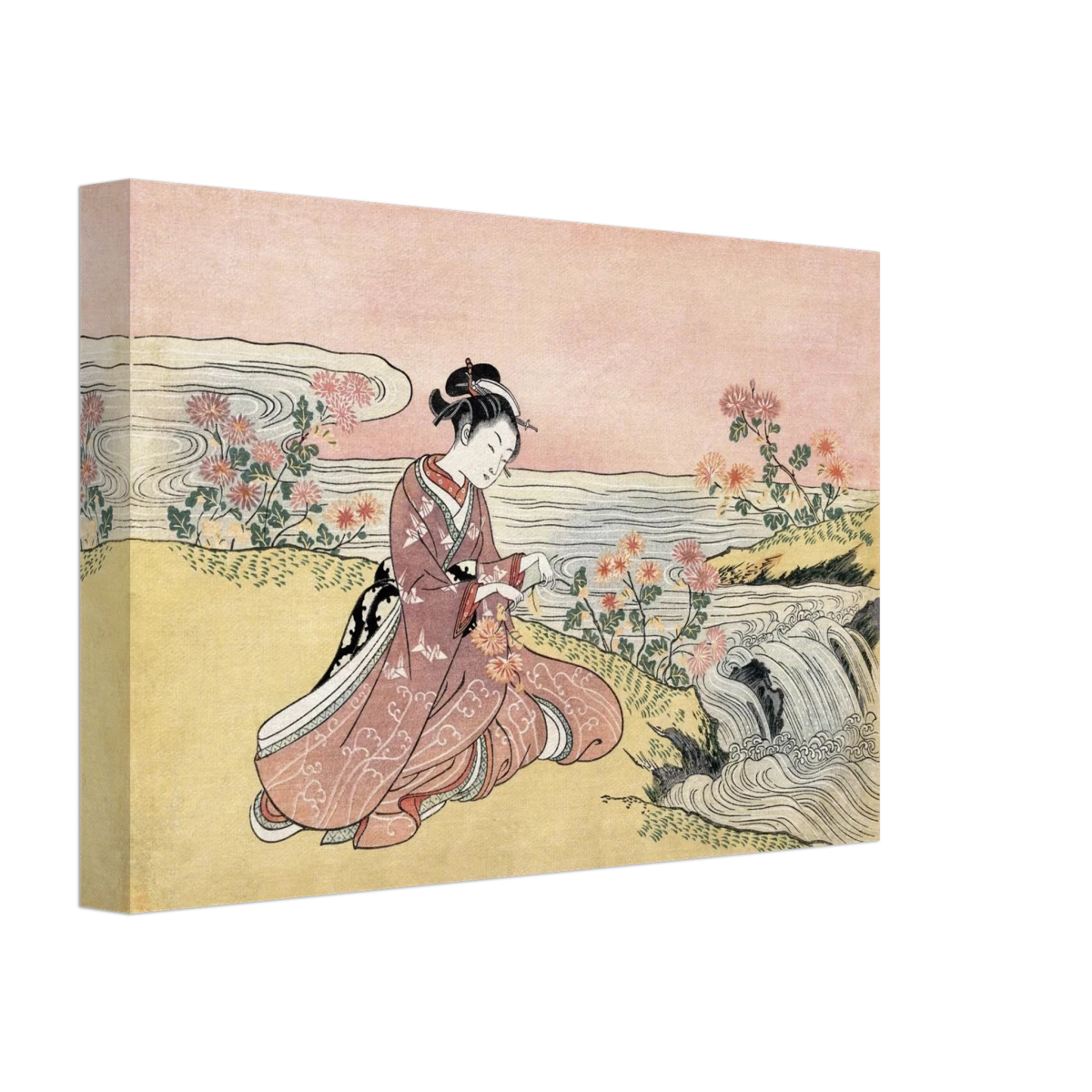Young Woman Gathering Chrysanthemums by the Stream– Japanese Ukiyo - e Wall Art Print - Canvas - 20x30 cm / 8x12″ -