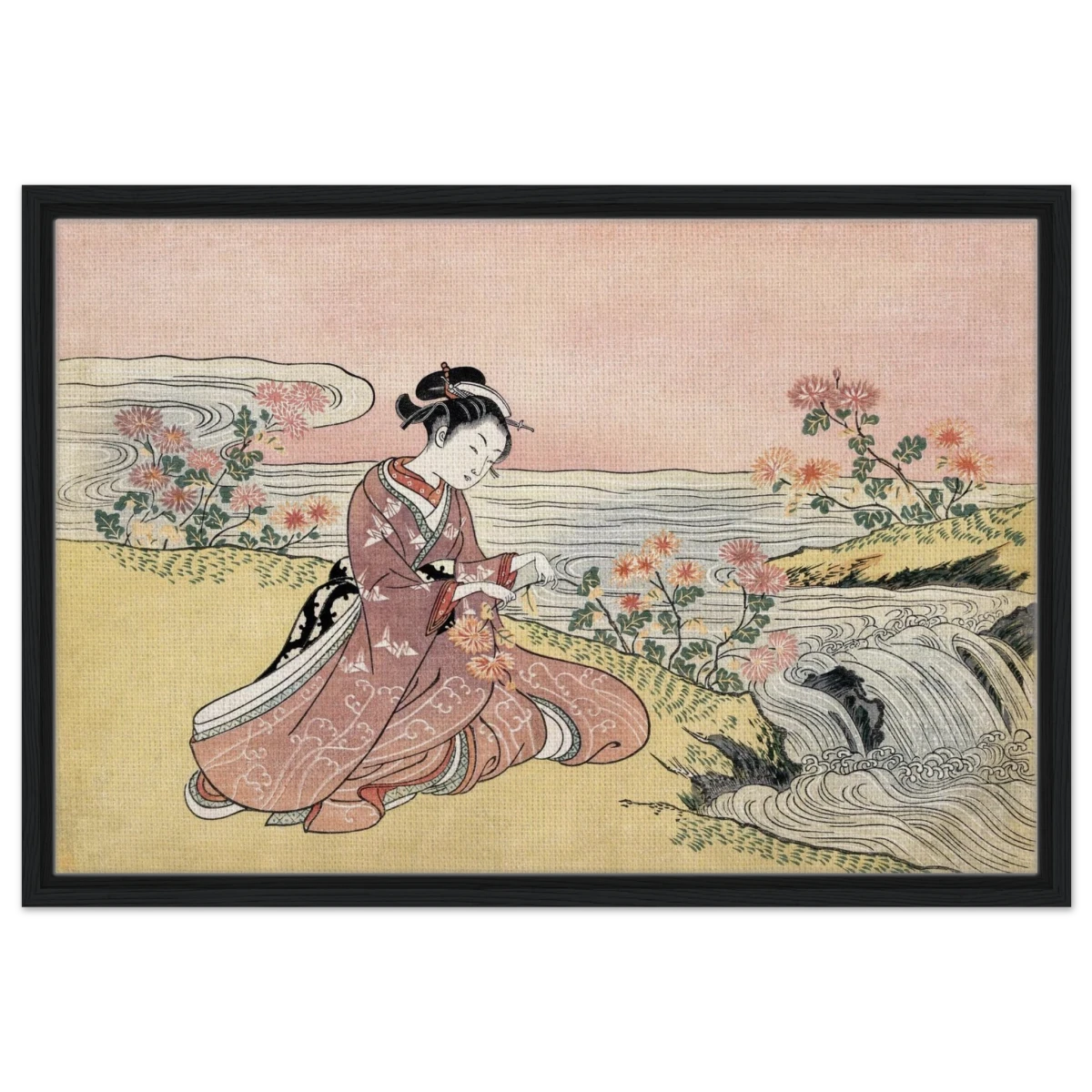 Young Woman Gathering Chrysanthemums by the Stream– Japanese Ukiyo - e Wall Art Print - Framed Canvas - 50x75 cm / 20x30″ - Black frame