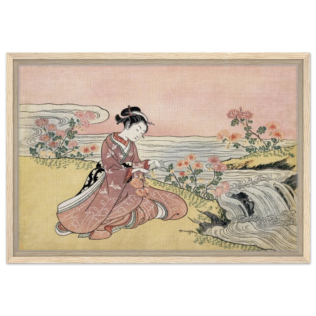 Young Woman Gathering Chrysanthemums by the Stream– Japanese Ukiyo - e Wall Art Print - Framed Canvas - 40x60 cm / 16x24″ - Wood frame