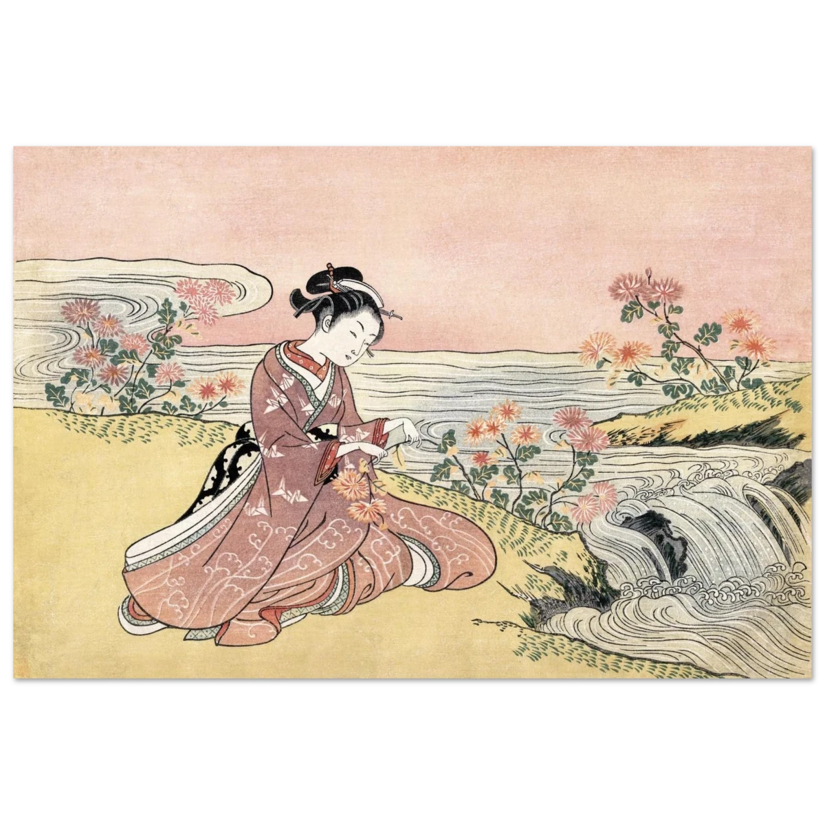 Young Woman Gathering Chrysanthemums by the Stream– Japanese Ukiyo - e Wall Art Print - Fine Art Poster - 30x45 cm / 12x18″ -