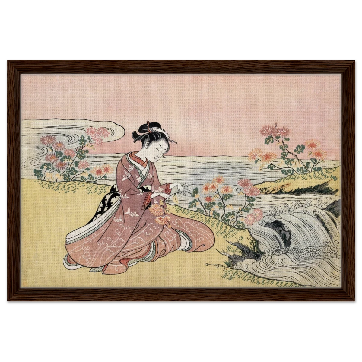 Young Woman Gathering Chrysanthemums by the Stream– Japanese Ukiyo - e Wall Art Print - Framed Canvas - 40x60 cm / 16x24″ - Dark wood frame