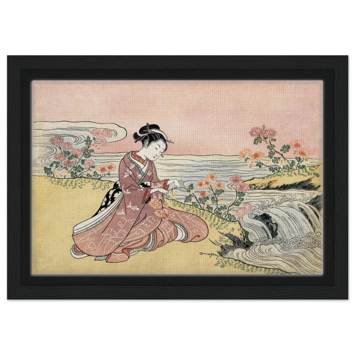Young Woman Gathering Chrysanthemums by the Stream– Japanese Ukiyo - e Wall Art Print - Framed Canvas - 20x30 cm / 8x12″ - Black frame