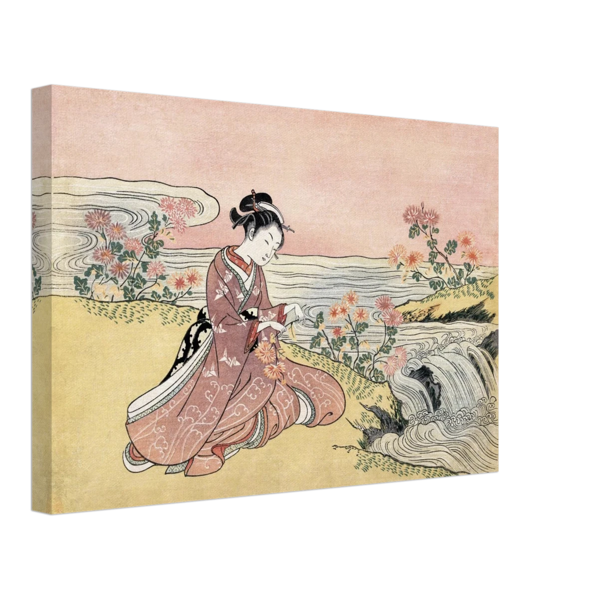Young Woman Gathering Chrysanthemums by the Stream– Japanese Ukiyo - e Wall Art Print - Canvas - 30x45 cm / 12x18″ -