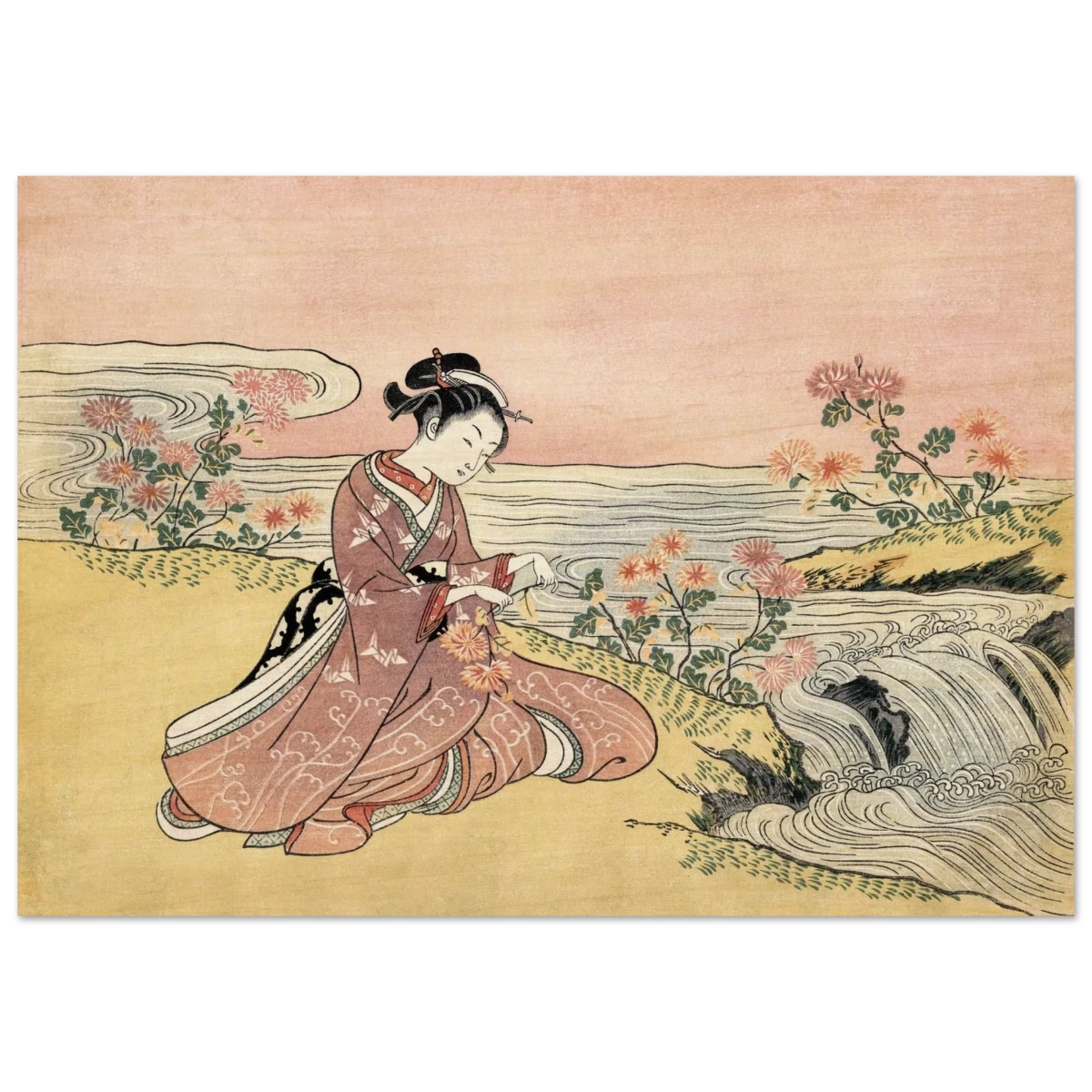 Young Woman Gathering Chrysanthemums by the Stream– Japanese Ukiyo - e Wall Art Print - Wood Prints - 70x100 cm / 28x40″ -