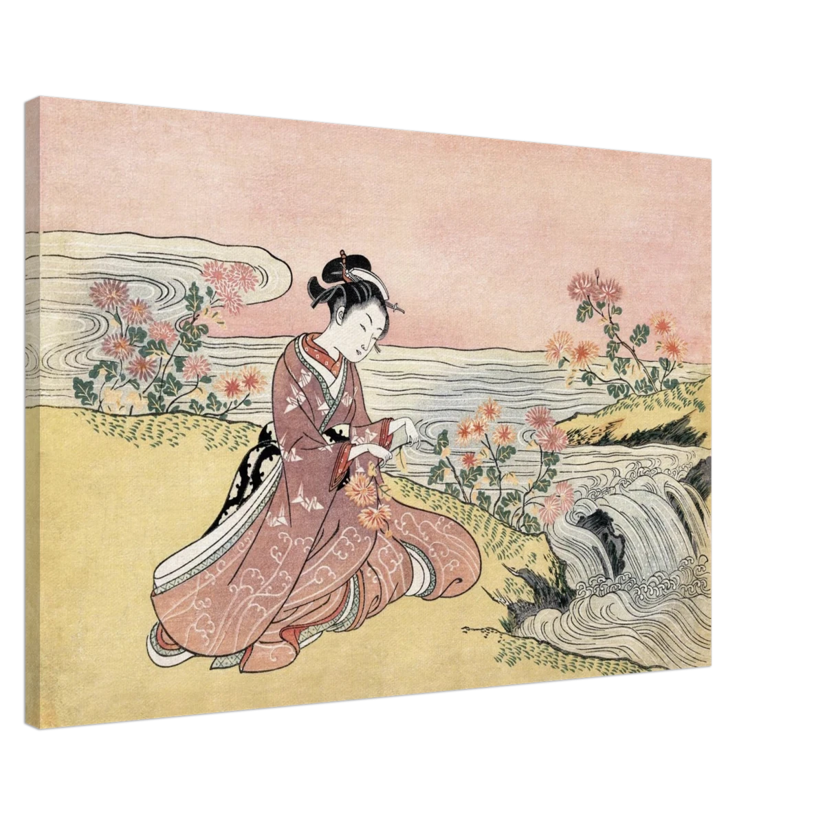 Young Woman Gathering Chrysanthemums by the Stream– Japanese Ukiyo - e Wall Art Print - Canvas - 60x90 cm / 24x36″ -