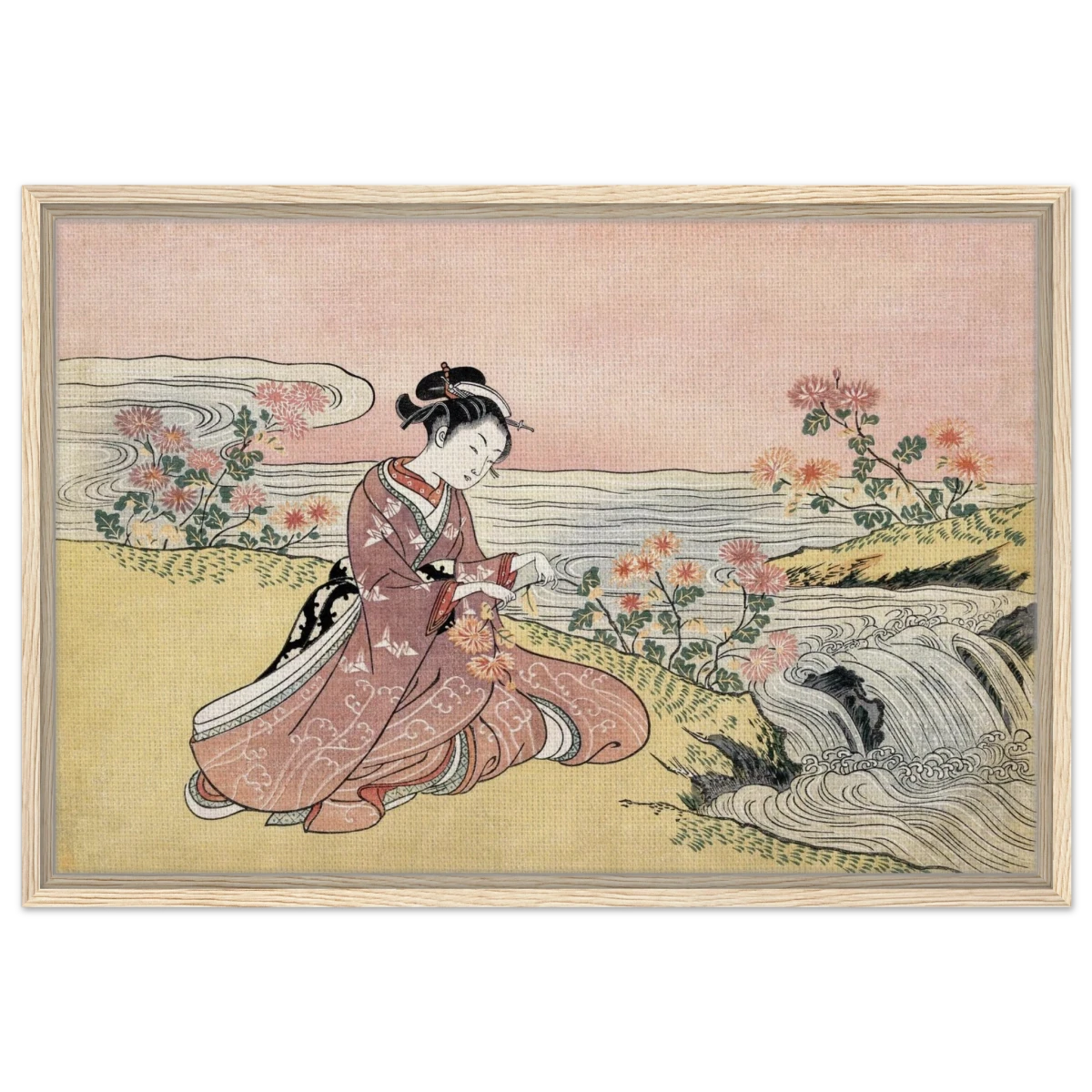 Young Woman Gathering Chrysanthemums by the Stream– Japanese Ukiyo - e Wall Art Print - Framed Canvas - 50x75 cm / 20x30″ - Wood frame