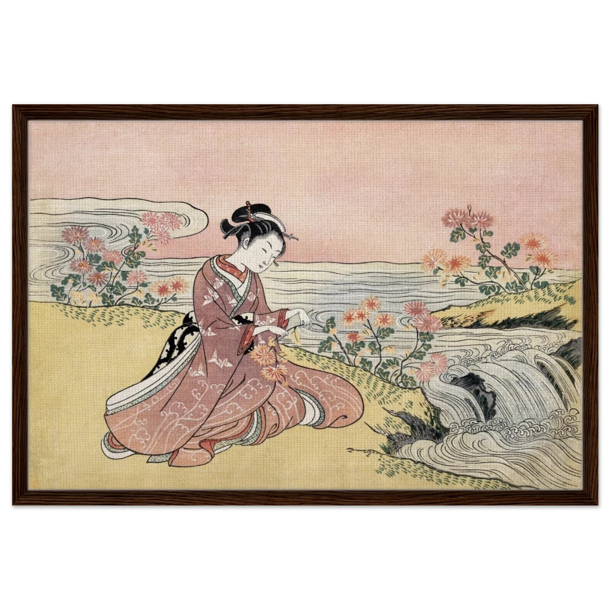 Young Woman Gathering Chrysanthemums by the Stream– Japanese Ukiyo - e Wall Art Print - Framed Canvas - 60x90 cm / 24x36″ - Dark wood frame