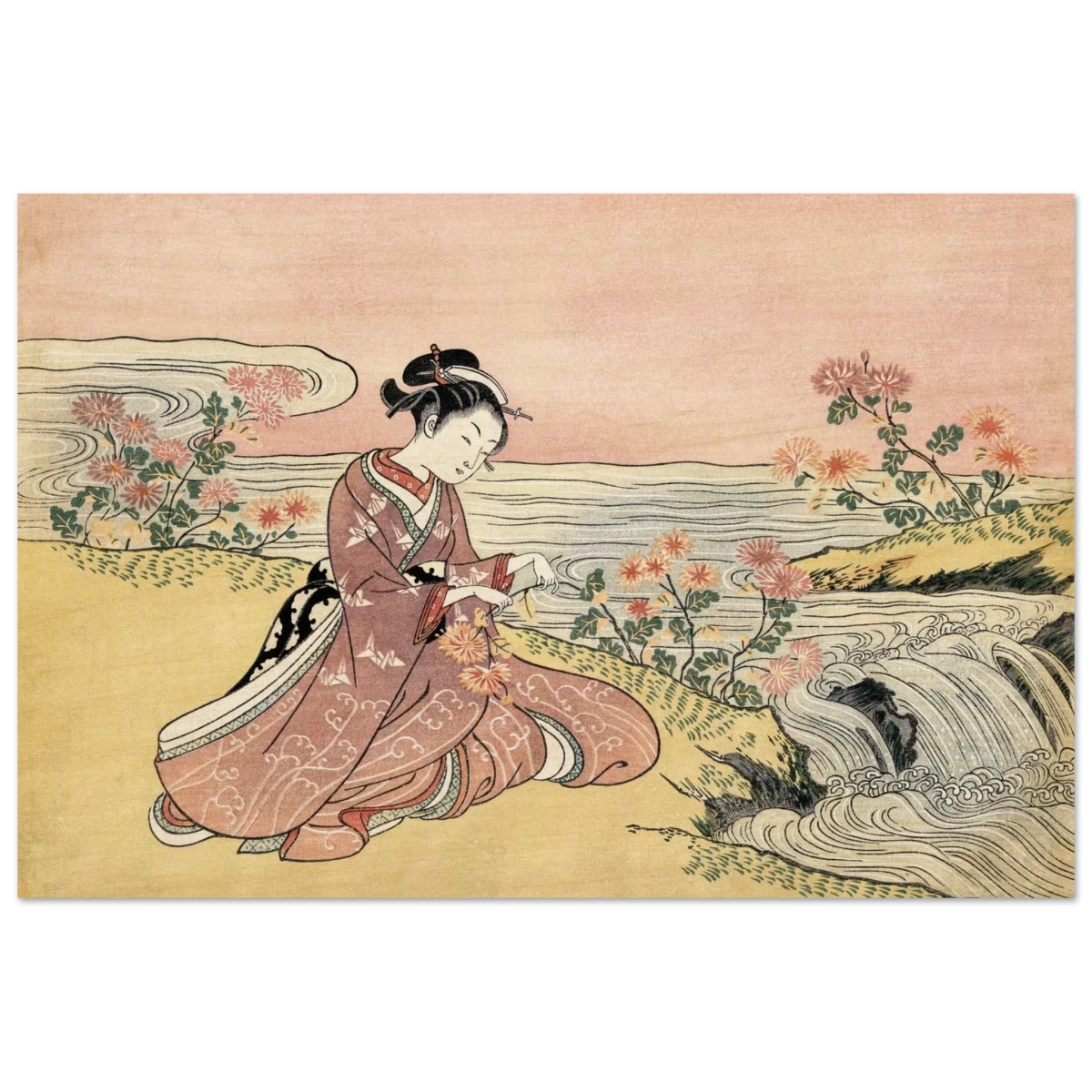 Young Woman Gathering Chrysanthemums by the Stream– Japanese Ukiyo - e Wall Art Print - Wood Prints - 20x30 cm / 8x12″ -