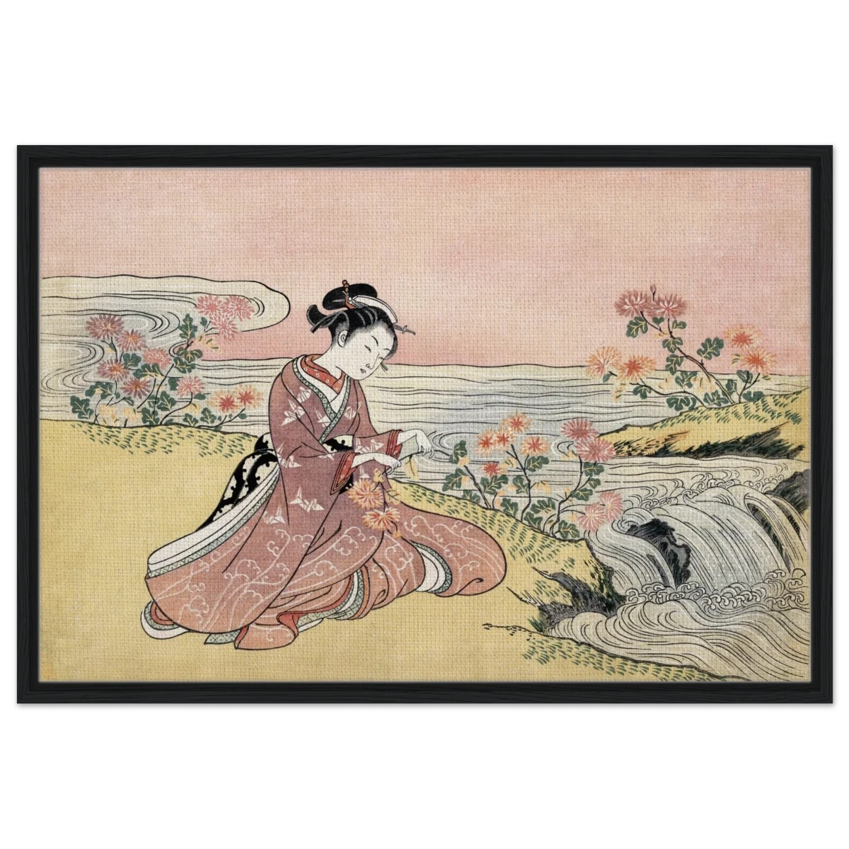 Young Woman Gathering Chrysanthemums by the Stream– Japanese Ukiyo - e Wall Art Print - Framed Canvas - 60x90 cm / 24x36″ - Black frame