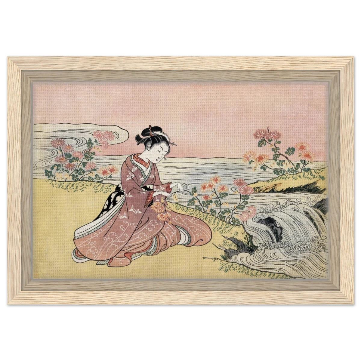 Young Woman Gathering Chrysanthemums by the Stream– Japanese Ukiyo - e Wall Art Print - Framed Canvas - 20x30 cm / 8x12″ - Wood frame