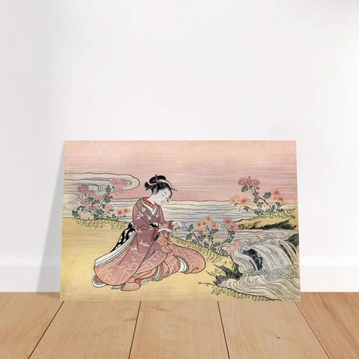 Young Woman Gathering Chrysanthemums by the Stream– Japanese Ukiyo - e Wall Art Print - Brushed Aluminum Print - 60x90 cm / 24x36″ -