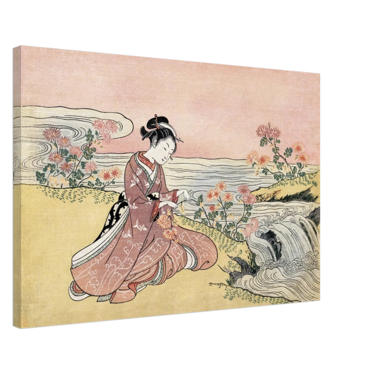 Young Woman Gathering Chrysanthemums by the Stream– Japanese Ukiyo - e Wall Art Print - Canvas - 50x75 cm / 20x30″ -