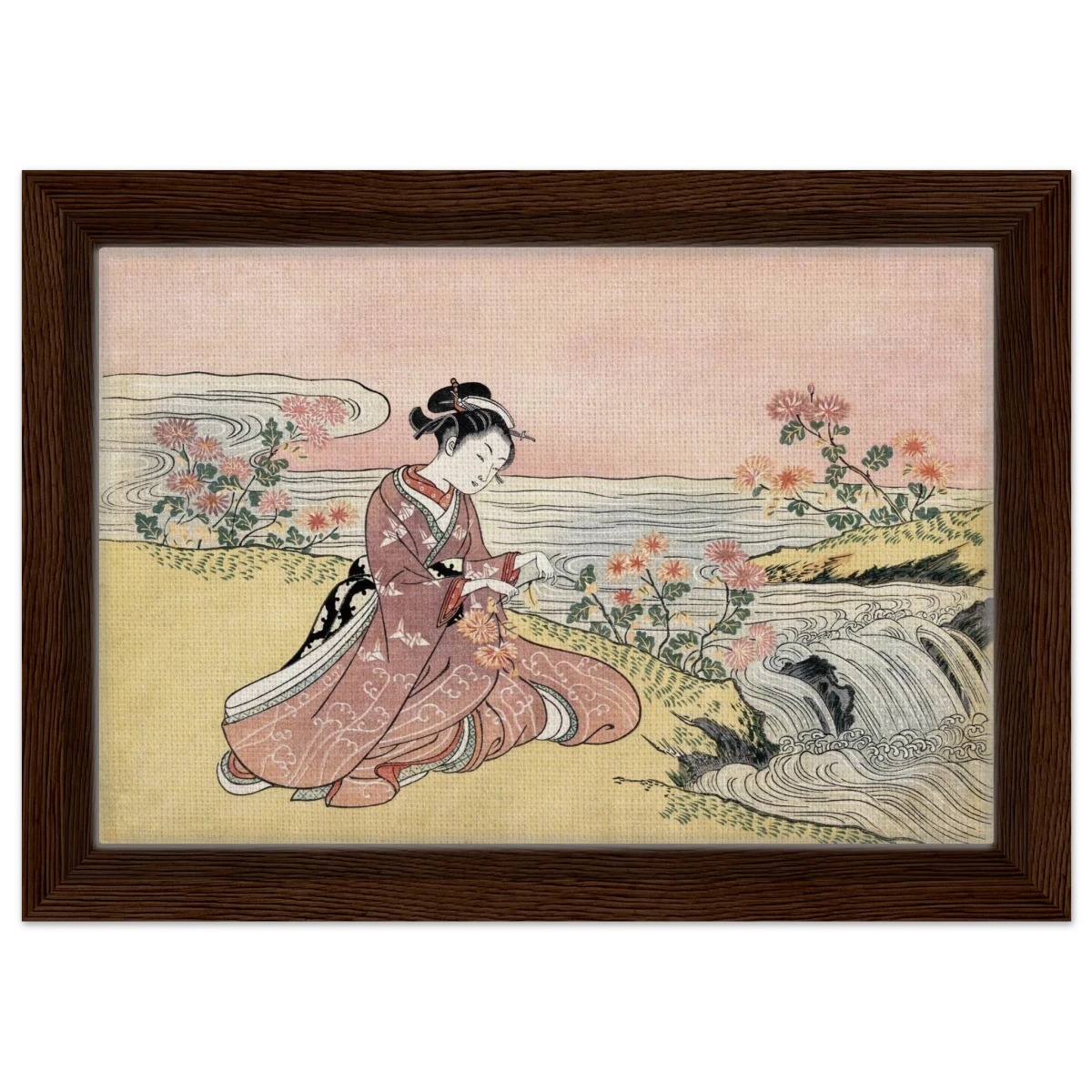 Young Woman Gathering Chrysanthemums by the Stream– Japanese Ukiyo - e Wall Art Print - Framed Canvas - 20x30 cm / 8x12″ - Dark wood frame