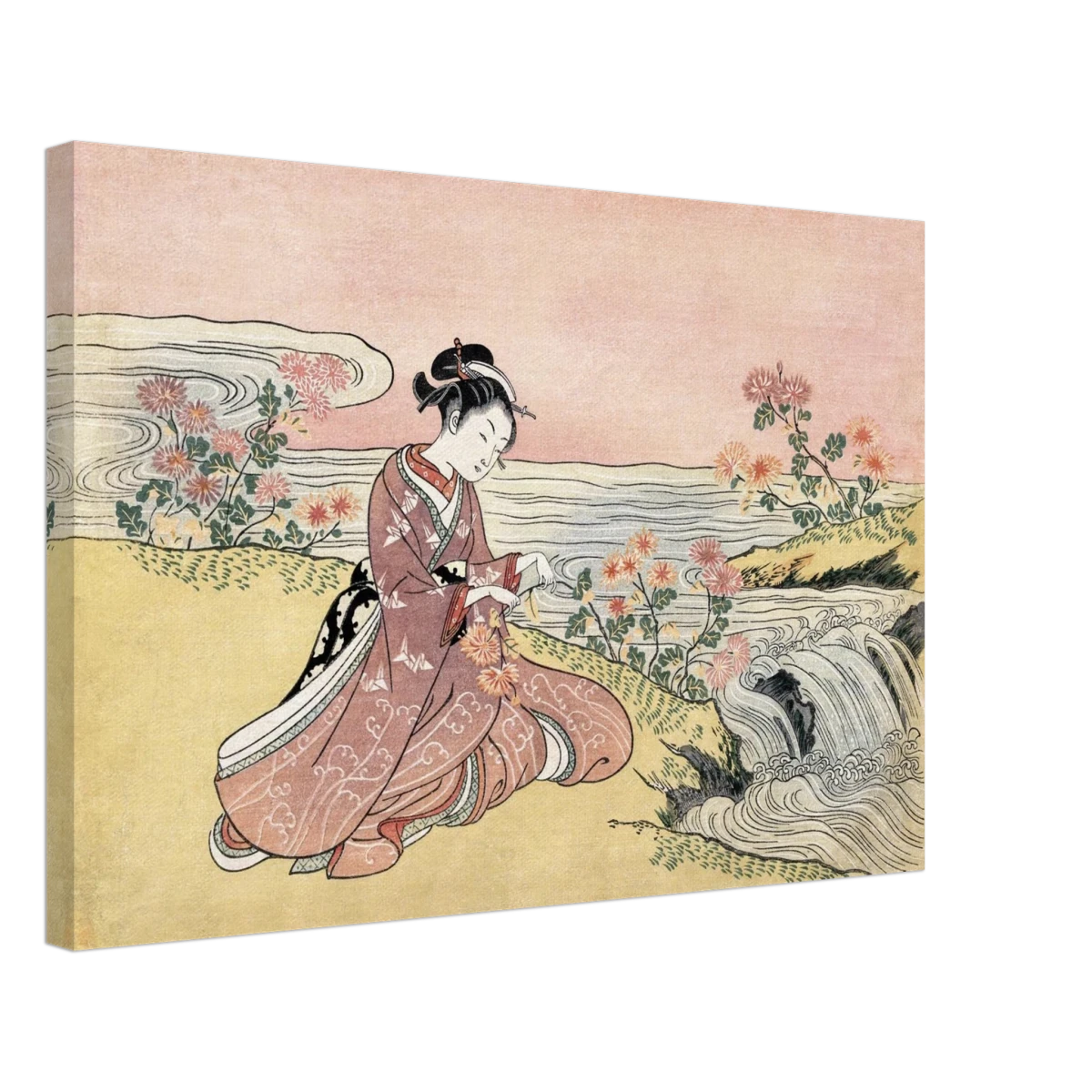 Young Woman Gathering Chrysanthemums by the Stream– Japanese Ukiyo - e Wall Art Print - Canvas - 40x60 cm / 16x24″ -
