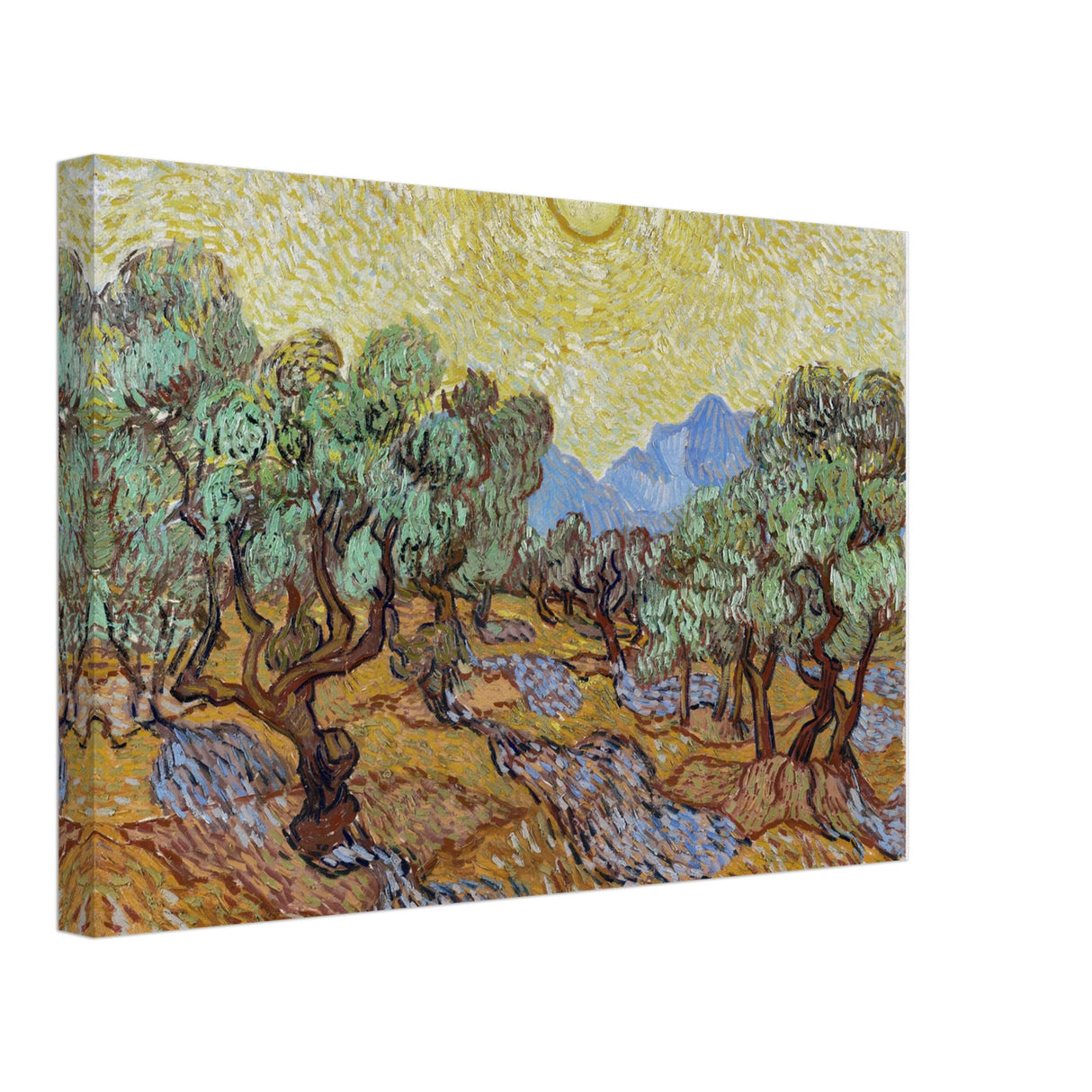 olive trees with yellow sky and sun by vincent van gogh wall art