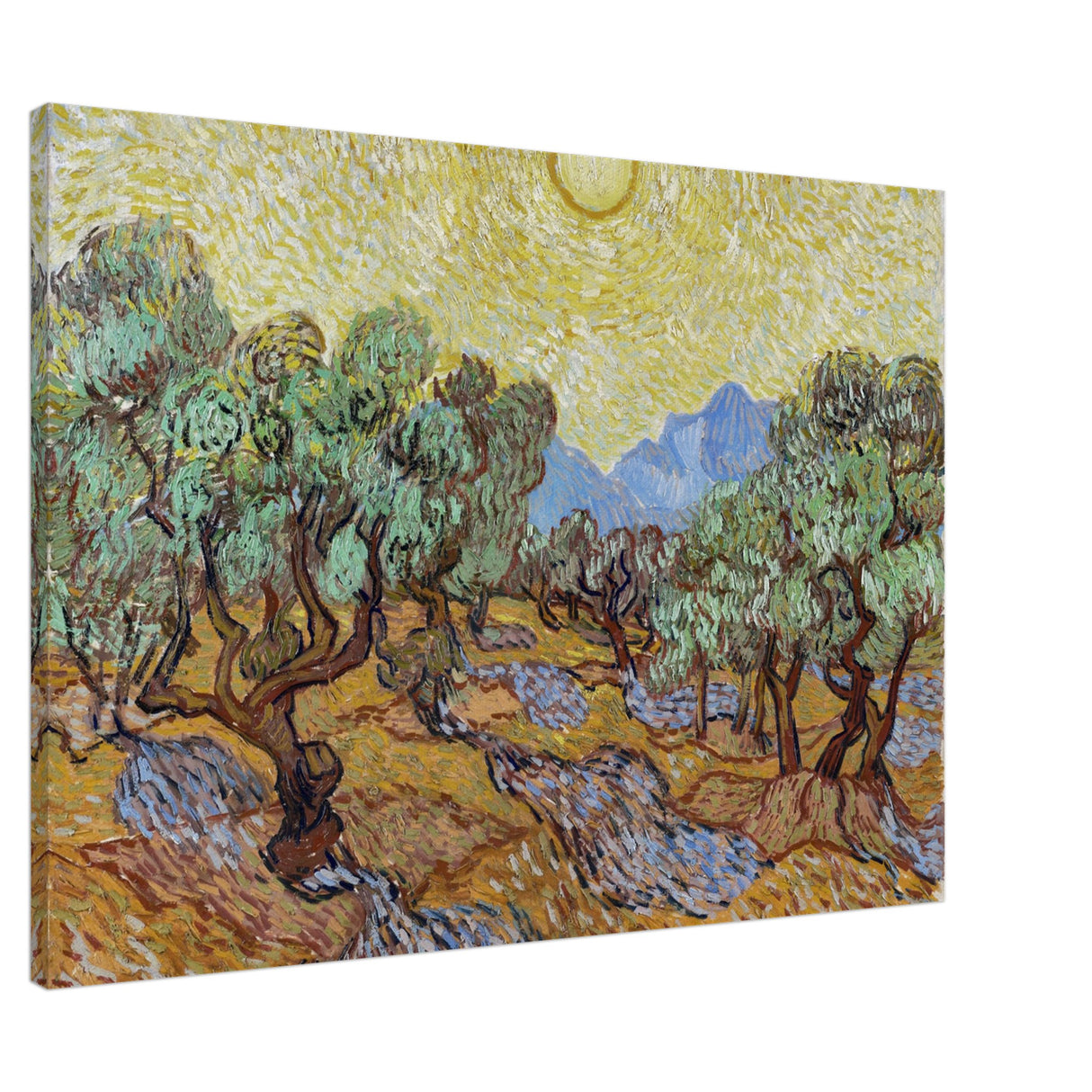 olive trees with yellow sky and sun by vincent van gogh wall art