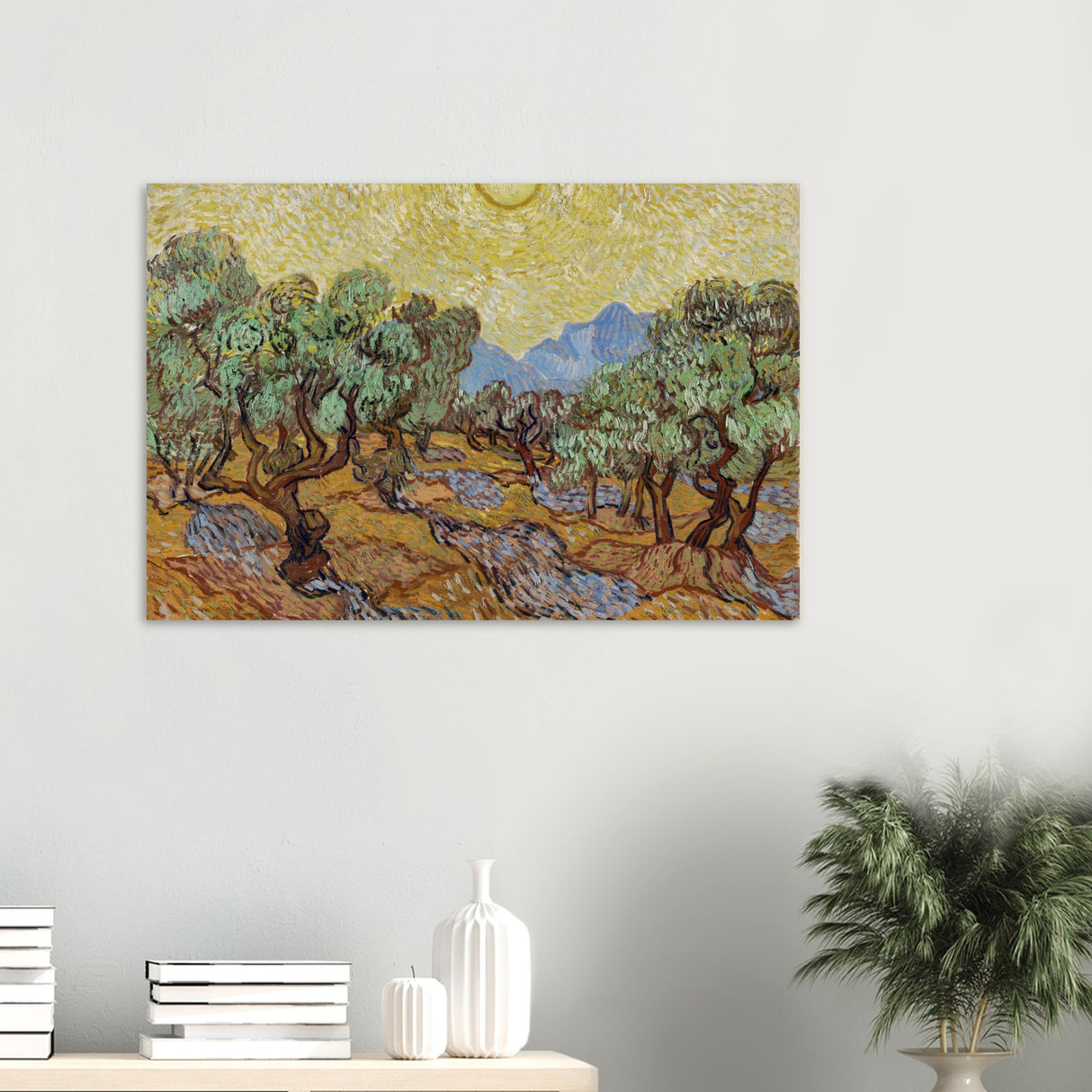 olive trees with yellow sky and sun by vincent van gogh wall art