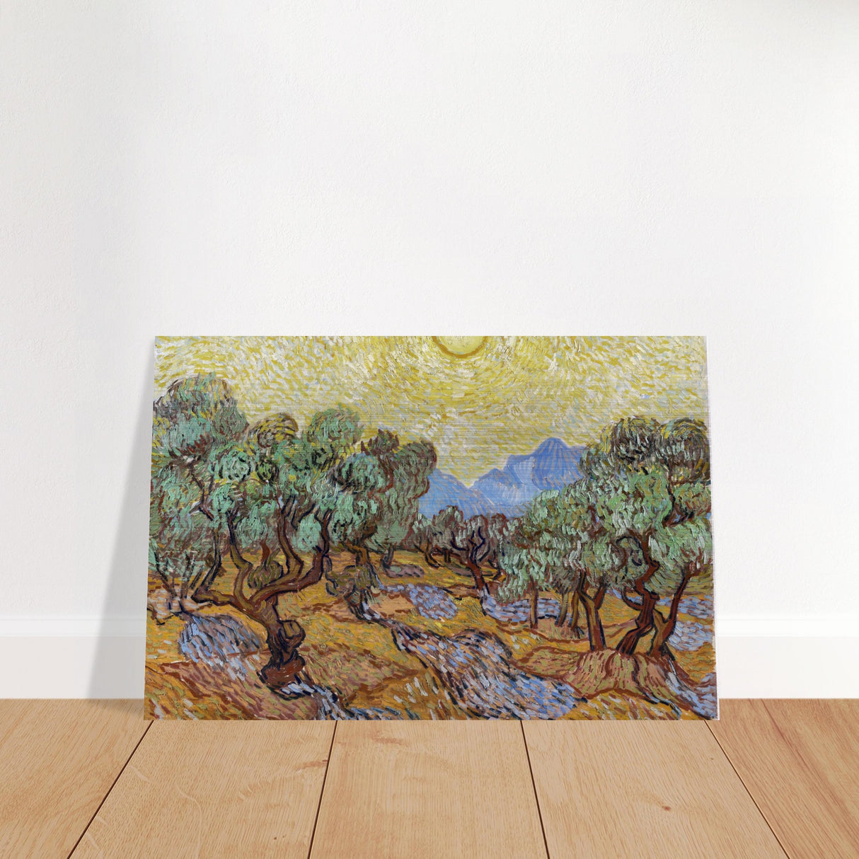 olive trees with yellow sky and sun by vincent van gogh wall art