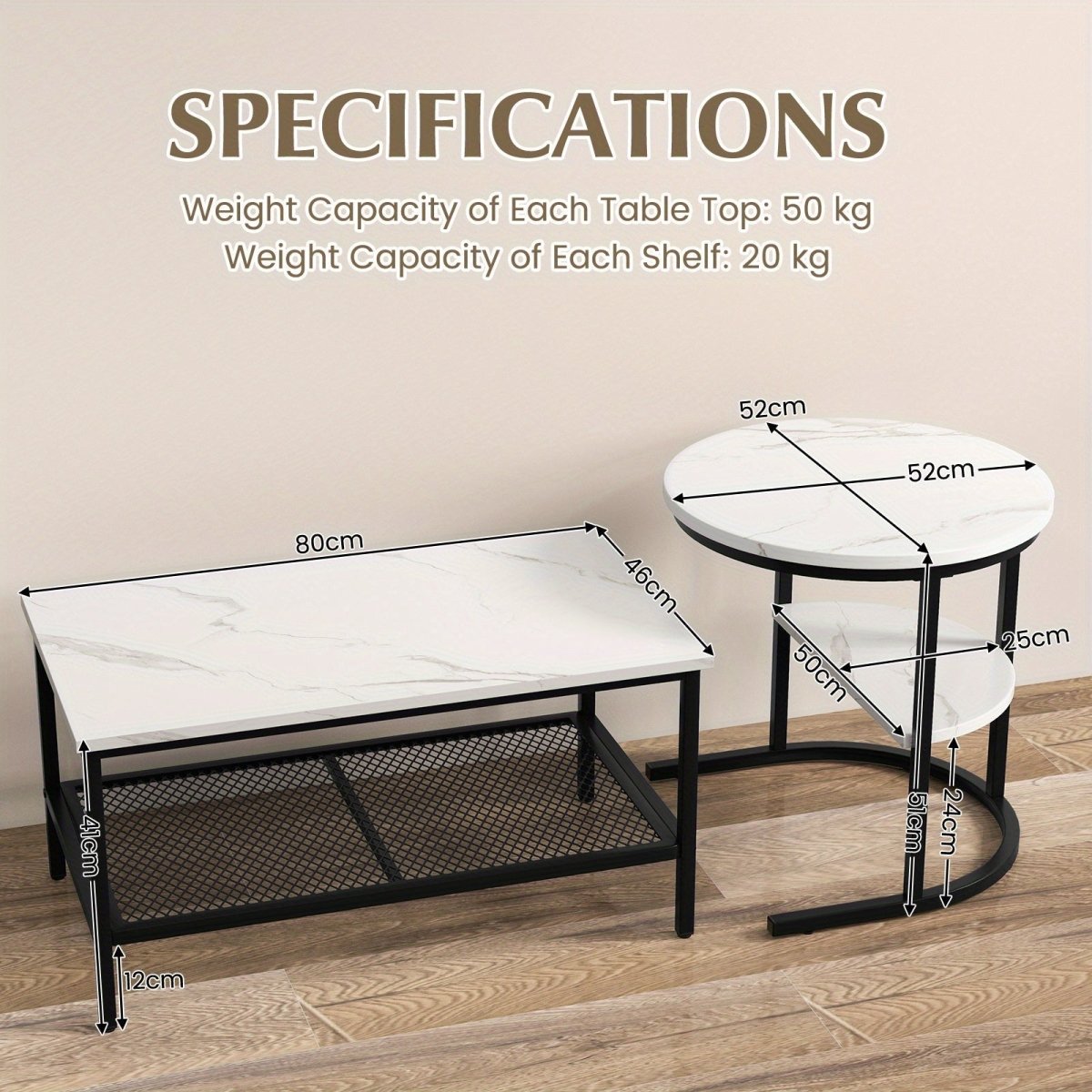 2x Nesting Coffee Table Set - White Faux Marble Top - 