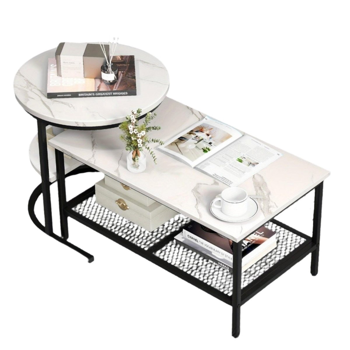 2x Nesting Coffee Table Set - White Faux Marble Top - 