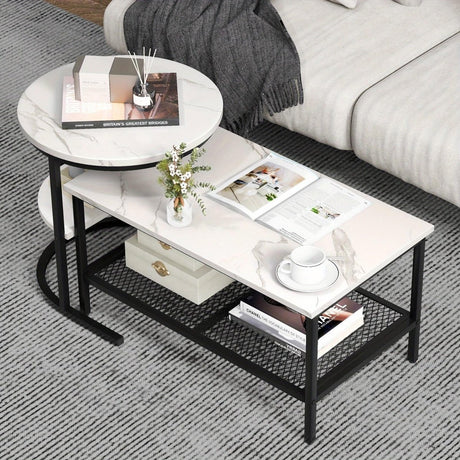 2x Nesting Coffee Table Set - White Faux Marble Top - 
