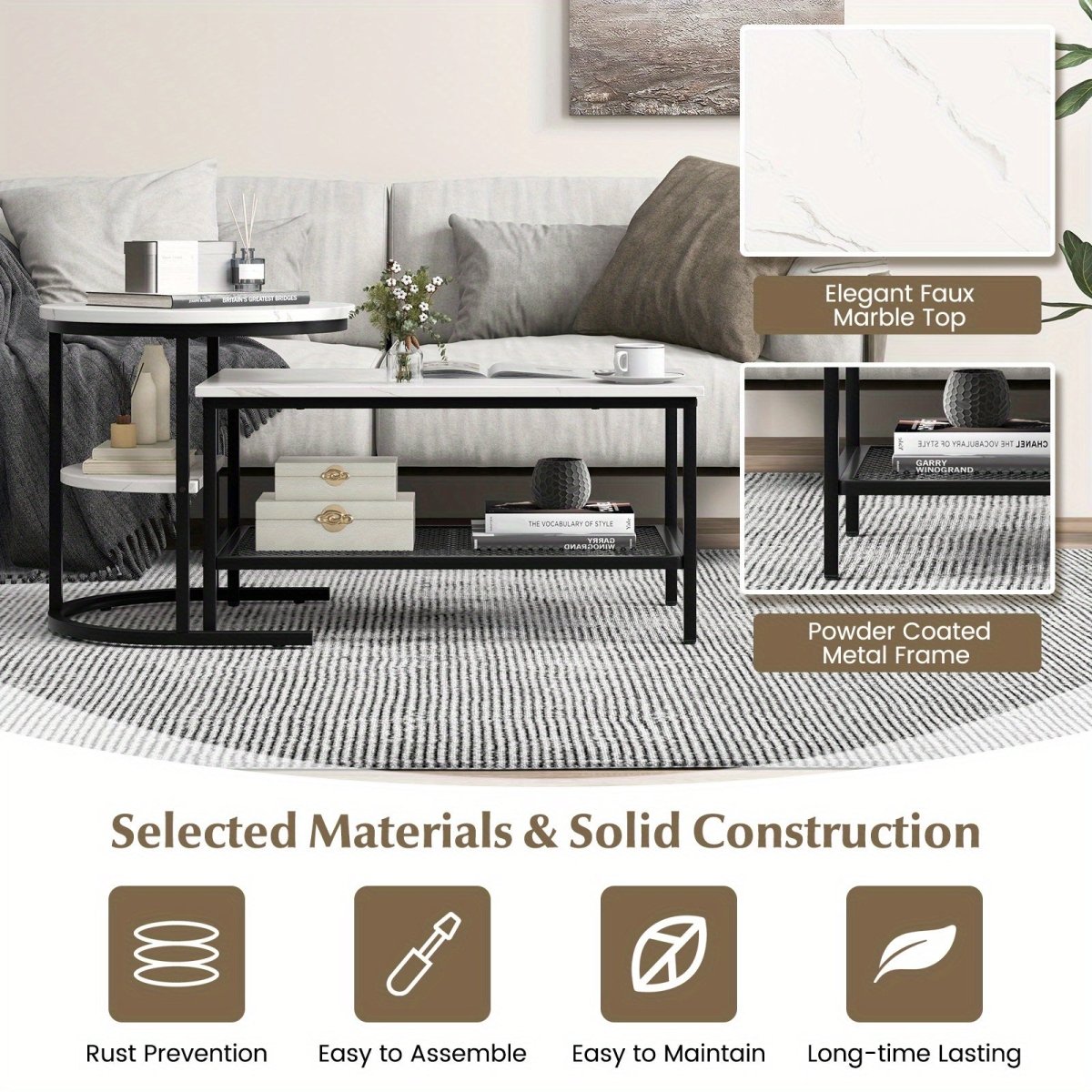 2x Nesting Coffee Table Set - White Faux Marble Top - 