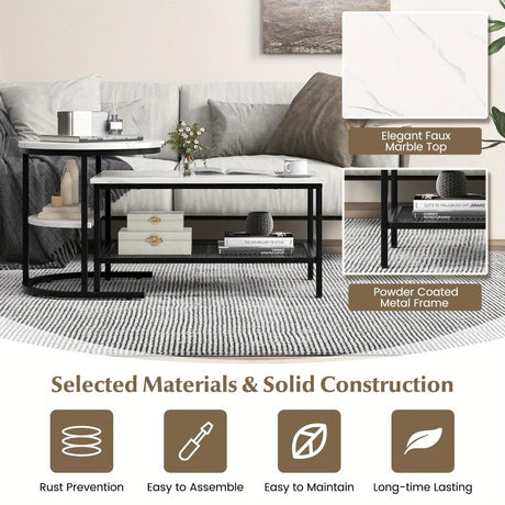 2x Nesting Coffee Table Set - White Faux Marble Top - 