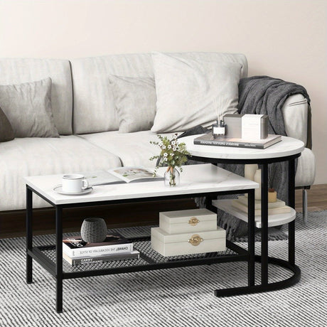 2x Nesting Coffee Table Set - White Faux Marble Top - 