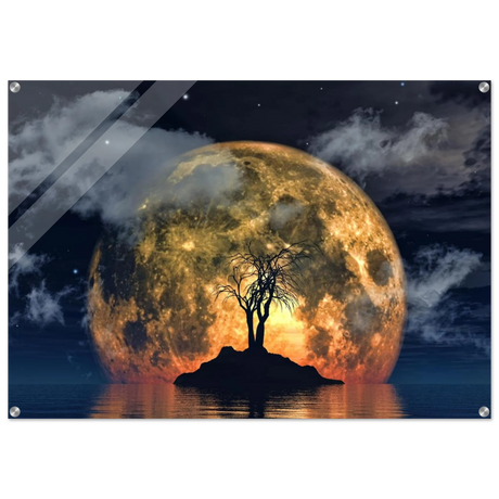 lunar eclipse isle a celestial nightscape awakened by the moon fine art digital illustration surreal moonlit scene20x30 cm / 8x12″Framed Canvas