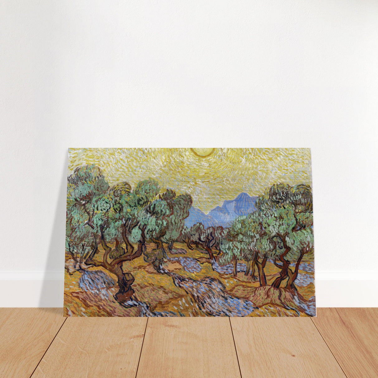 olive trees with yellow sky and sun by vincent van gogh wall art