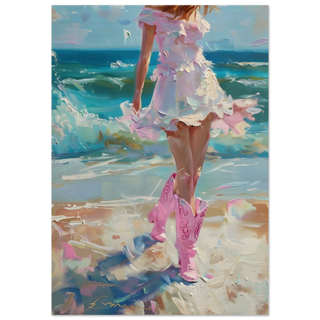 seaside sass pink boots ocean breeze wall art print40x60 cm / 16x24″Brushed Aluminum Print