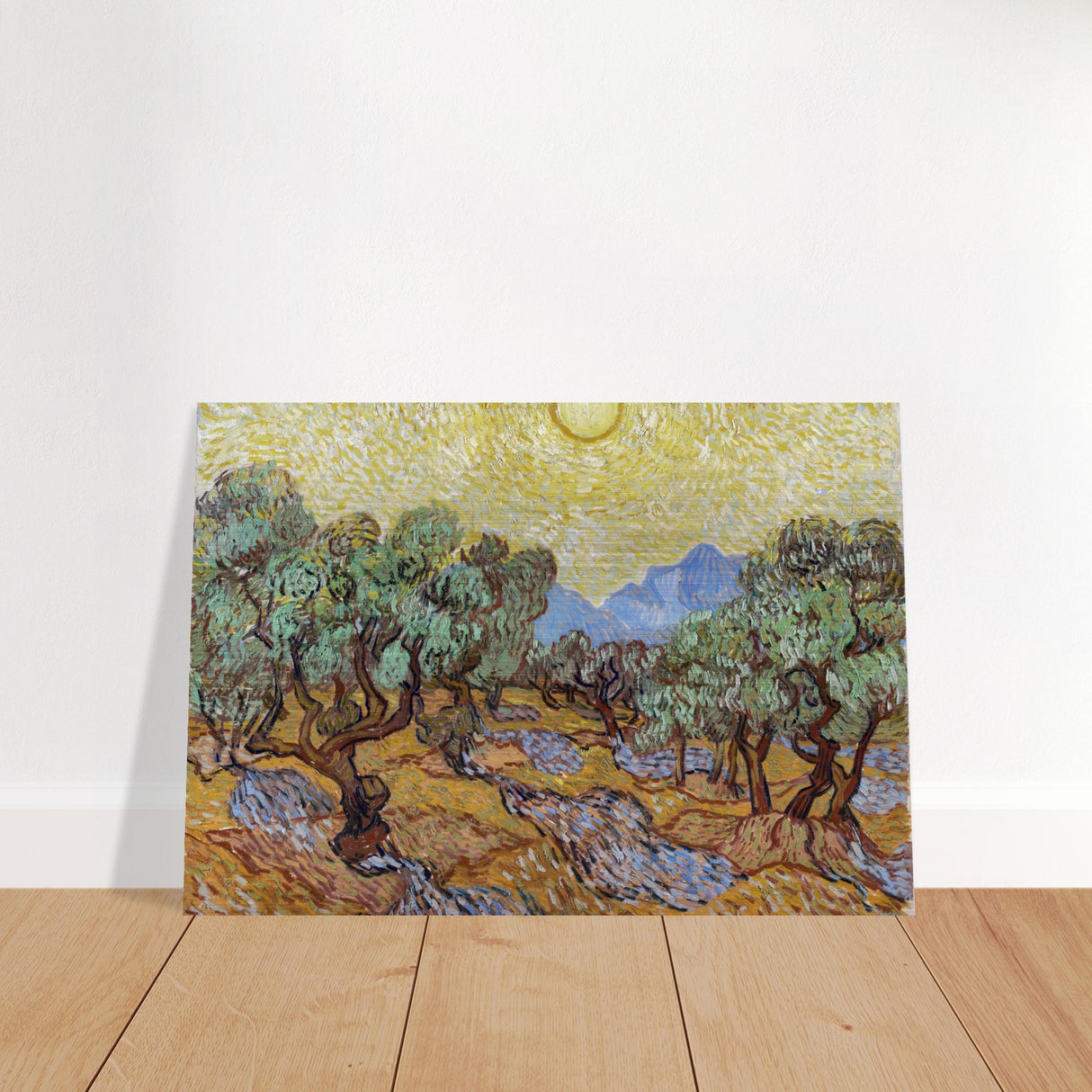 olive trees with yellow sky and sun by vincent van gogh wall art