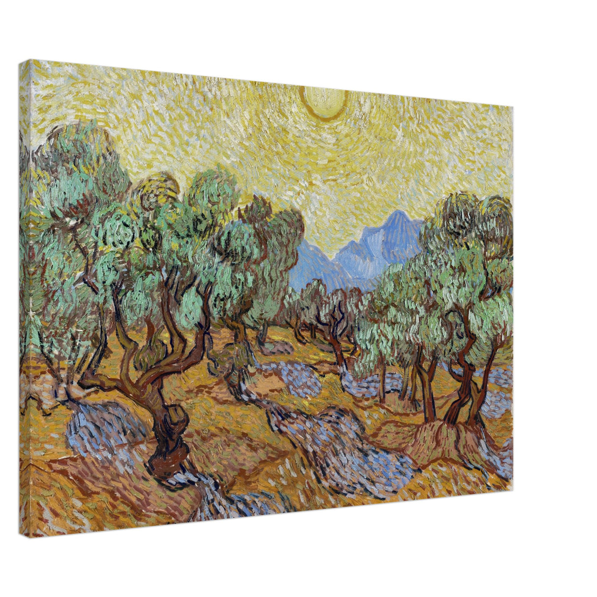 olive trees with yellow sky and sun by vincent van gogh wall art