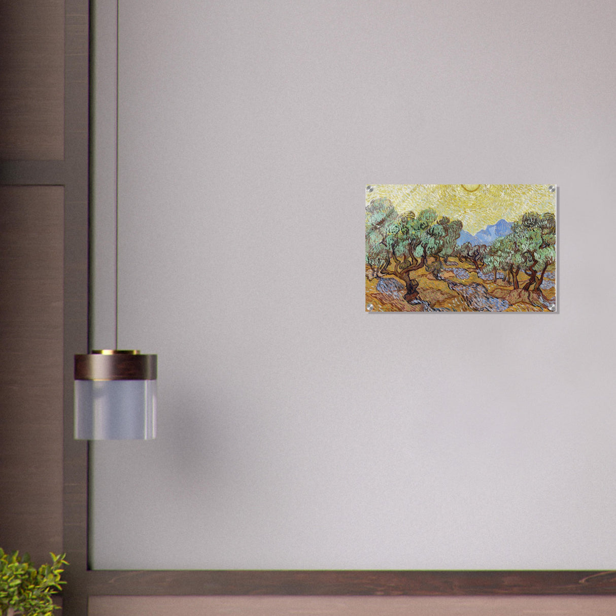 olive trees with yellow sky and sun by vincent van gogh wall art