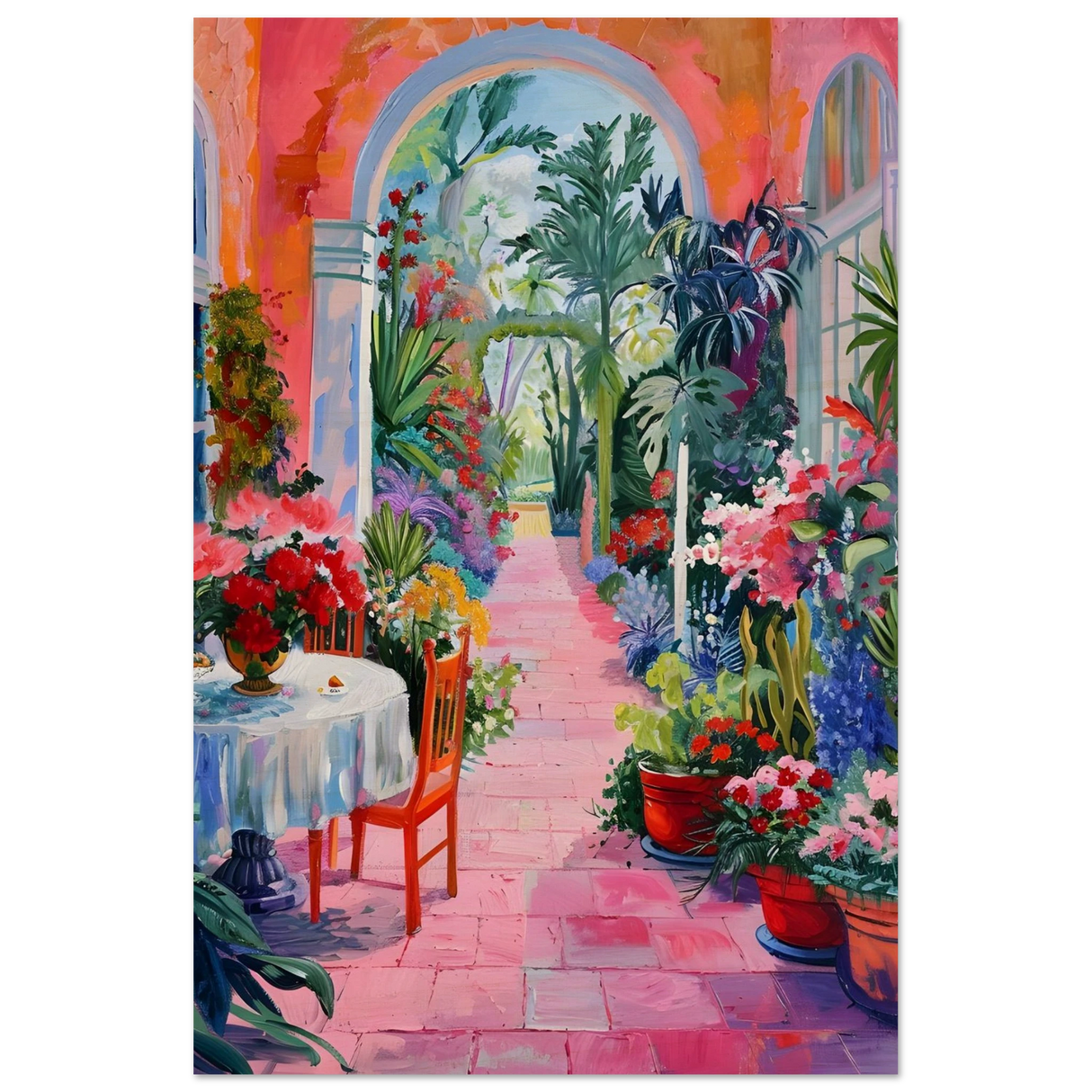 garden of morning light blooming terrace escape wall art print60x90 cm / 24x36″Brushed Aluminum Print