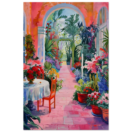 garden of morning light blooming terrace escape wall art print60x90 cm / 24x36″Brushed Aluminum Print