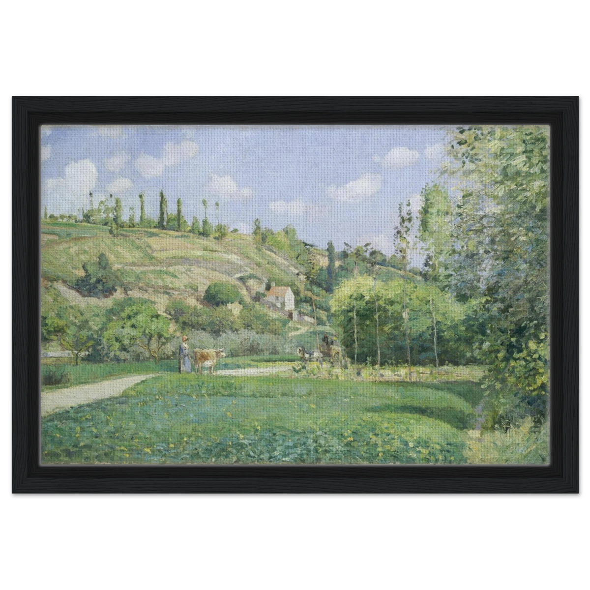 A Cowherd at Valhermeil, Auvers - sur - Oise (1874) by Camille Pissarro | Nature Wall art Print - Framed Canvas - 30x45 cm / 12x18″ - Black frame