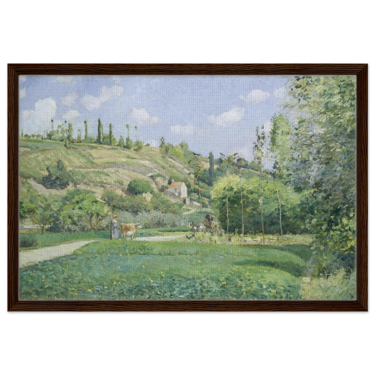 A Cowherd at Valhermeil, Auvers - sur - Oise (1874) by Camille Pissarro | Nature Wall art Print - Framed Canvas - 50x75 cm / 20x30″ - Dark wood frame