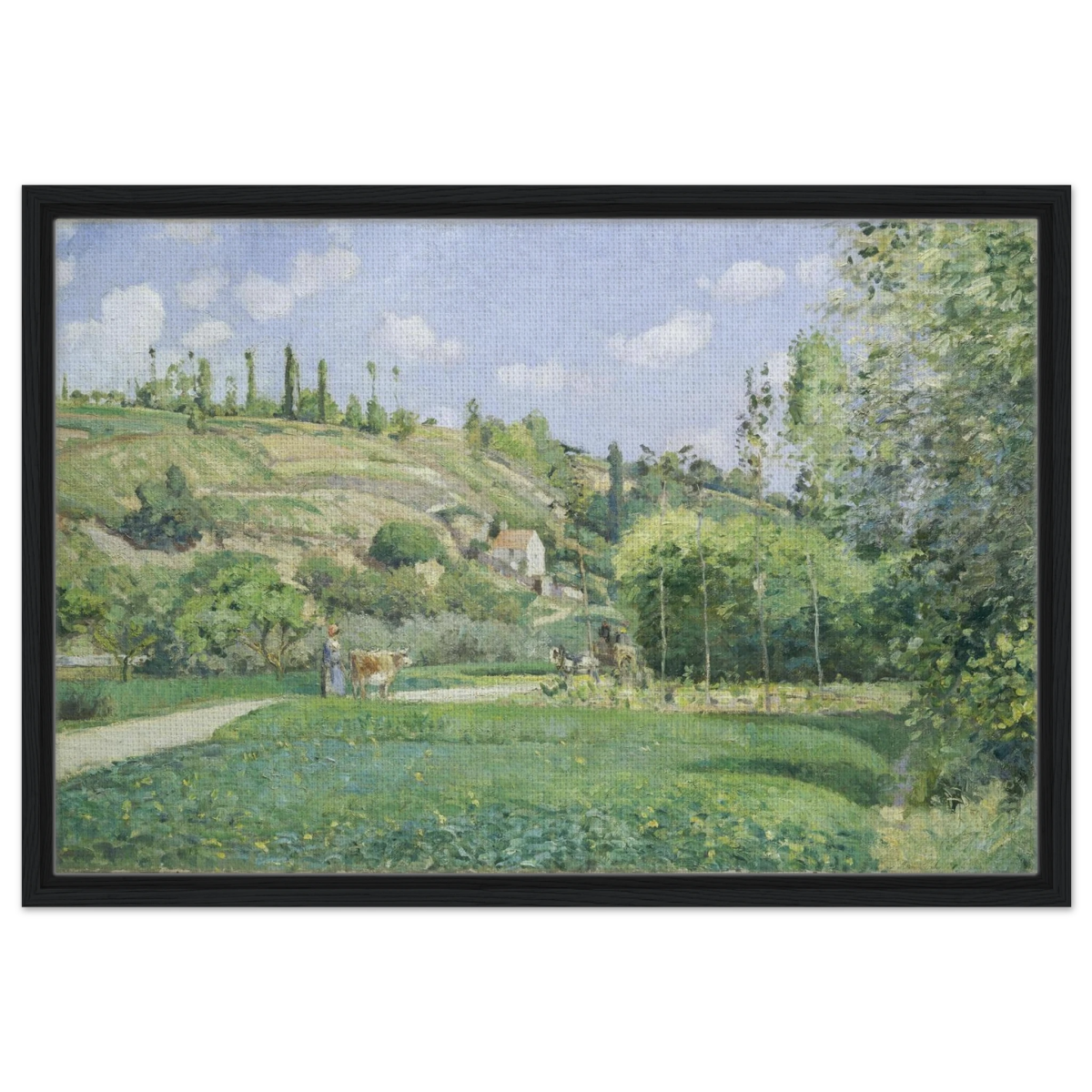 A Cowherd at Valhermeil, Auvers - sur - Oise (1874) by Camille Pissarro | Nature Wall art Print - Framed Canvas - 50x75 cm / 20x30″ - Black frame